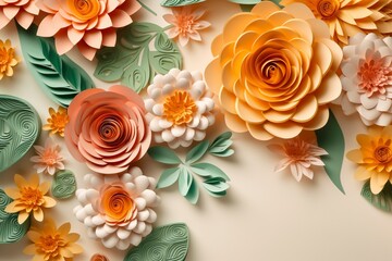 Obraz na płótnie Canvas 3d floral craft wallpaper. orange, rose, green and yellow flowers in light background. for kids room wall decor, generate ai
