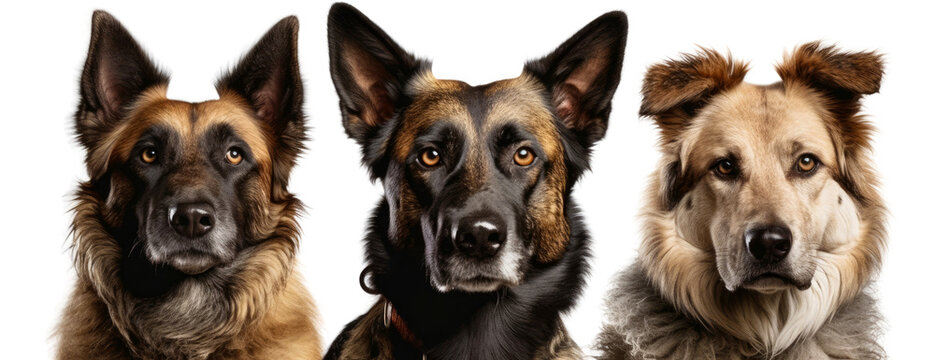 Three german shepherd dogs standing and looking at the viewer, isolated on a transparent background. Generative AI