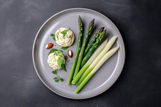 Traditionally grilled green asparagus with herbs as a top view on a modern design plate with copy space