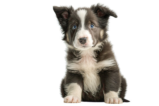 A cute brown and white puppy with blue eyes on a transparent background. Generative AI