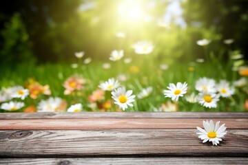 Wooden Board With Daisy Flower Field As Background