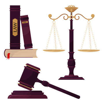 Set of illustrations of a court case. Court. Symbols of justice. Books about law, judicial gavel, weights of justice. Themis	
