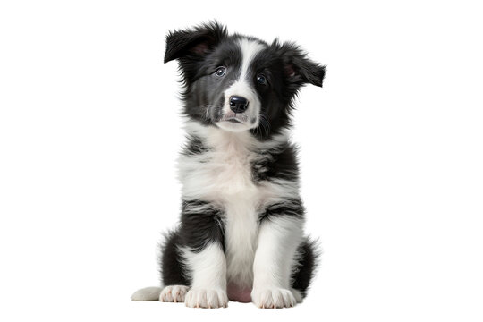 An adorable black and white puppy sitting on a transparent background. Generative AI