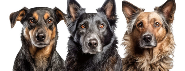 Three dogs posing for the camera on a transparent background. Generative AI