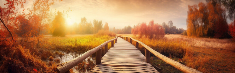 Autumn panoramic of meadow with wooden path and sunlight