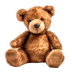 A cute brown teddy bear sitting upright on a transparent background. Generative AI