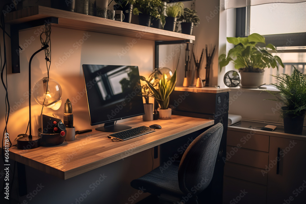Poster a desk with a computer monitor and a keyboard. generative ai. small diy improvised home office area.