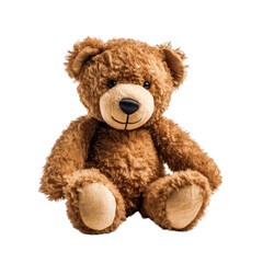 A brown teddy bear sitting upright on a transparent background. Generative AI