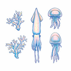 Obraz na płótnie Canvas Set of sea inhabitants. Squid jellyfish and corals clipart adorable marine characters in cartoon style. Hand drawn illustration isolated on white background. Blue pink colors.