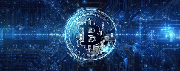Bitcoin, a blockchain cryptocurrency, Horizontal blue background, Bitcoin to the moon, circuit board, futuristic graphic of Bitcoin, Digital money, Finance-themed, photorealistic. Generative AI