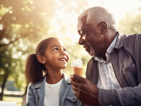 Close-up a black grandfather and young granddaughter eating ice cream cones. They are sitting close together outdoors, looking at each other, smiling. Created with Generative AI technology.