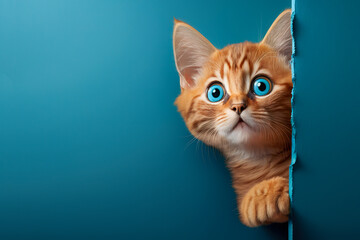 Surprised ginger kitten peeking from corner on blue background. Generative AI - obrazy, fototapety, plakaty