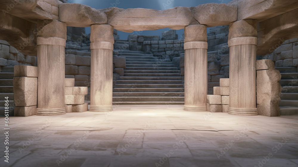 Poster an empty stage with ancient stone columns and lights. generative ai image.