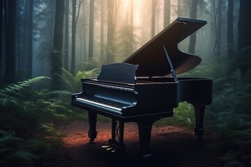 A piano in the forest at sunrise. Generative AI