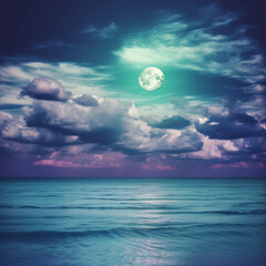Beach night background with moon and colorful sky created with generative AI tools