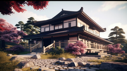 Traditional Japanese Architecture. Japanese aesthetics. The Landscape of Japanese Culture. Generative AI.