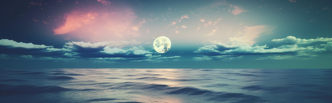 Beach night background with moon and colorful sky created with generative AI tools