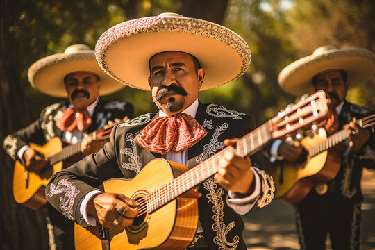 Mexican men in traditional mariachi clothing playing the guitar. Generative AI