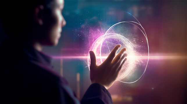 a person touches a strange futuristic glowing thing, generative AI