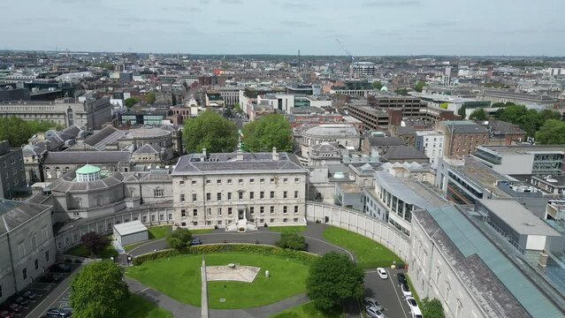 Drone shot zooming in towards Leinster House Dublin