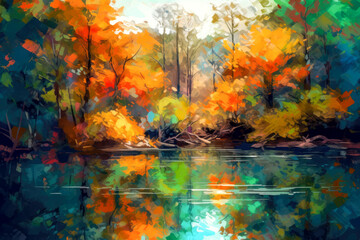 Naklejka premium A serene river landscape with lush trees. Generative AI