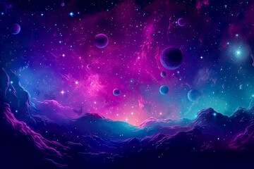 A colorful space scene with multiple planets and stars. Generative AI - obrazy, fototapety, plakaty
