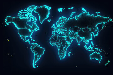 A luminous world map set against a dark background. Generative AI