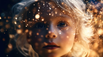 Fantasy portrait of a cute child with fairy lights - generative AI, AI generated