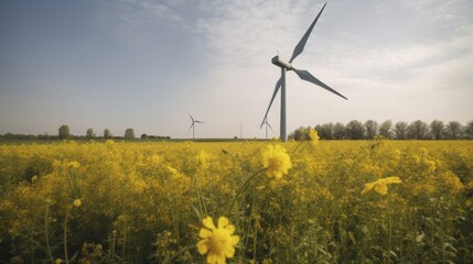 Wind turbine in a yellow flower field, Alternative energy. Generative AI