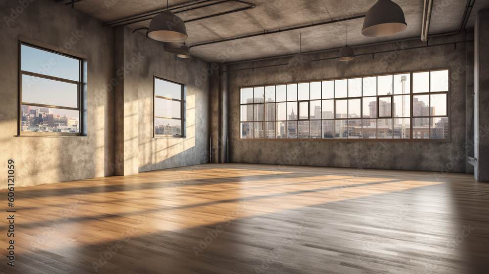 Poster an empty room with wooden floors and large windows. generative ai.