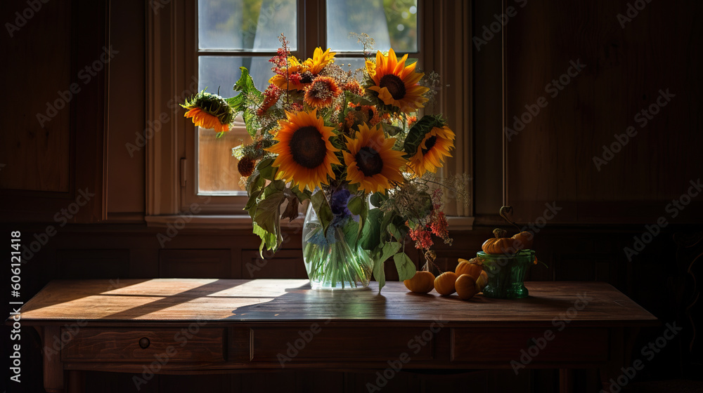 Poster a vase of sunflowers on a table in front of a window. ai generative image