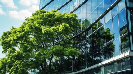 Plakat eco friendly building in the modern city. green tree branches with leaves and sustainable glass building for reducing heat and carbon dioxide. office building with green environment. generative ai