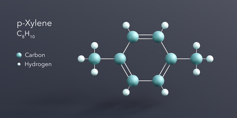 p-xylene molecule 3d rendering, flat molecular structure with chemical formula and atoms color coding