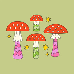 Groovy postcard with red mushrooms fly agaric and stars. Vector flat illustration in 1970 style. Hippie nostalgic aesthetic. Funny and cute fungus illustration