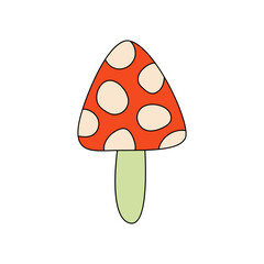 Small cute fly agaric mushroom on isolated background. Vector flat illustration in groovy style. Hippie nostalgic aesthetic. Funny and cute fungus illustration