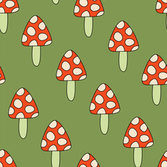 Groovy seamless pattern with small fly agaric mushrooms. Vector background in retro hippie style. 