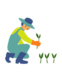 Farmer with Hat Planting Seedlings. 