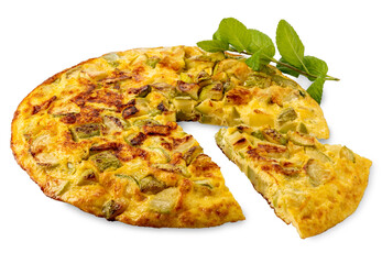 Omelet with zucchini with mint leaves, whole omelet with cut slice isolated