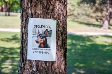 There is a missing dog notice on a tree in the park. Lost pet
