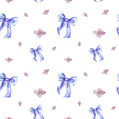 Watercolor illustration Hand painted pattern with blue bows and hydrangea flowers on a white background