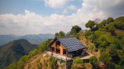 eco-friendly house with solar panels on the roof surrounded by green nature. Generative AI