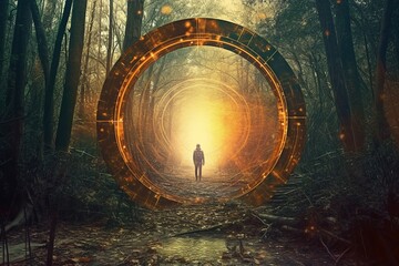 Man in Dark Forest Facing Glowing Portal Indicating 'End of Tunnel' - AI Generative.
