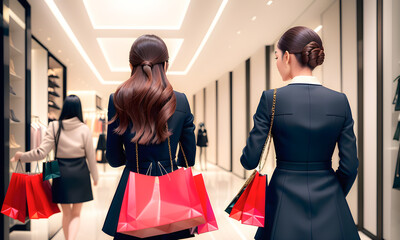 Women and girls with shopping bags enjoying are shopping happily in luxury shopping malls. Happy emotions about shopping sale propositions. Consumerism, lifestyle concept. Generative AI, illustration.