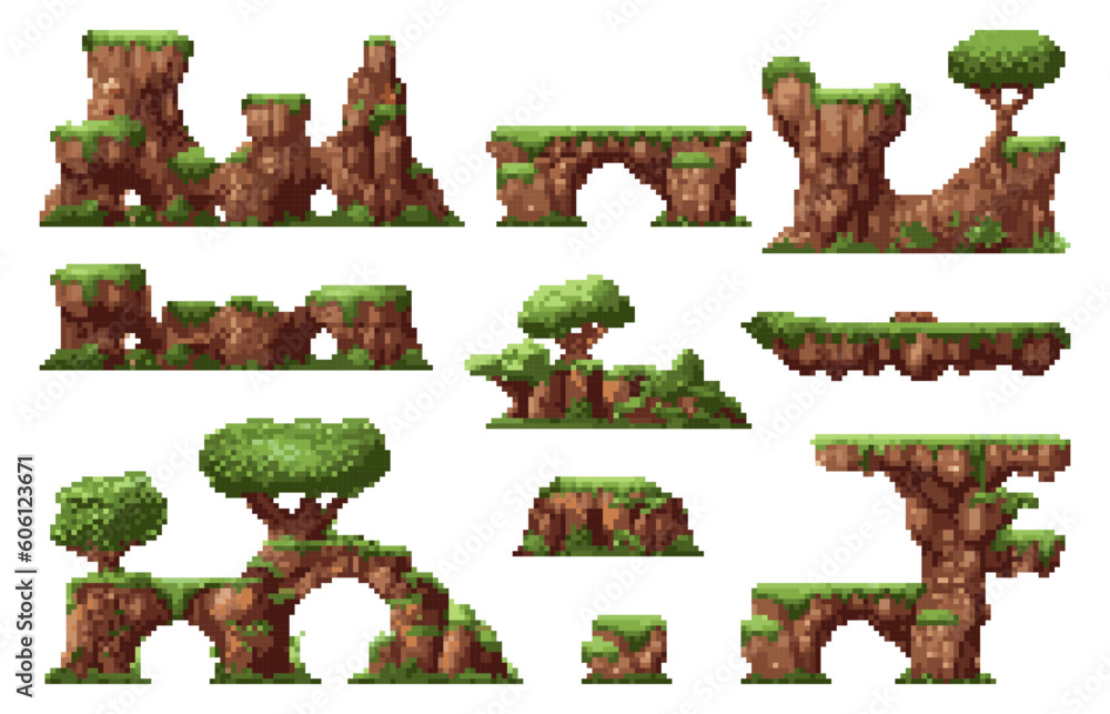 Aufkleber pixel art game grass platforms. pixelated game islands. Land and game props. mountains and trees. Retro 8-bit sprite. Vector isolated set