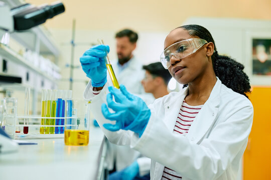 Young black scientist analyzing liquid in test tube while working in lab.