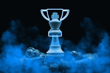 sky blue chess king champion over defeated pieces. Led champion trophy cup. World Tournament...