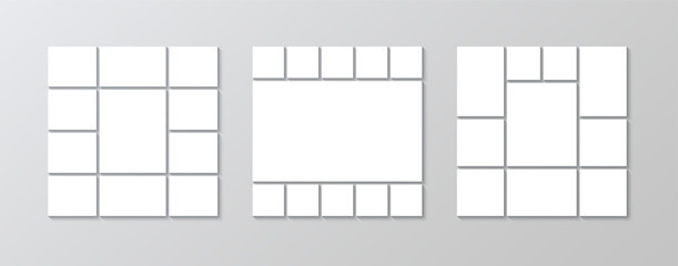 Set of photo collage layouts. Mosaic picture frame. Moodboard template collection. Mood board background. Scrapbook grid set. Gallery banner. Album brandboard. Portfolio images. Vector illustration