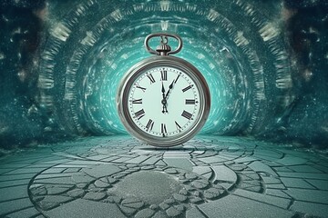 Clock in Marble Tunnel with Blue Background - AI Generative.