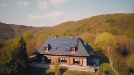 eco-friendly house with solar panels on the roof surrounded by green nature. Generative AI