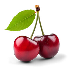 Cherry with leaf isolated on white and transparent background, png